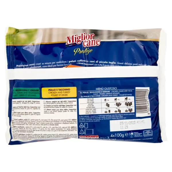 Miglior Cane Prestige cu Pui, Vanat si Legume-Pui si Curcan 4x100g Bax 12 buc.